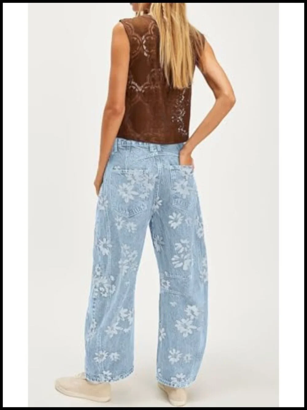 Y2k Distressed Barrel Jeans Baggy Wide Leg Floral Printed Boyfriend Patchwork
